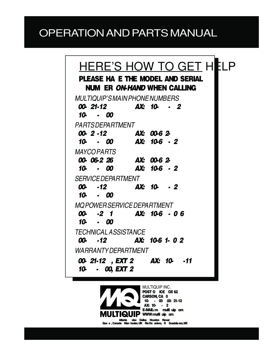 Multiquip MQ- D206H manual Technicalassistance Warrantydepartment 