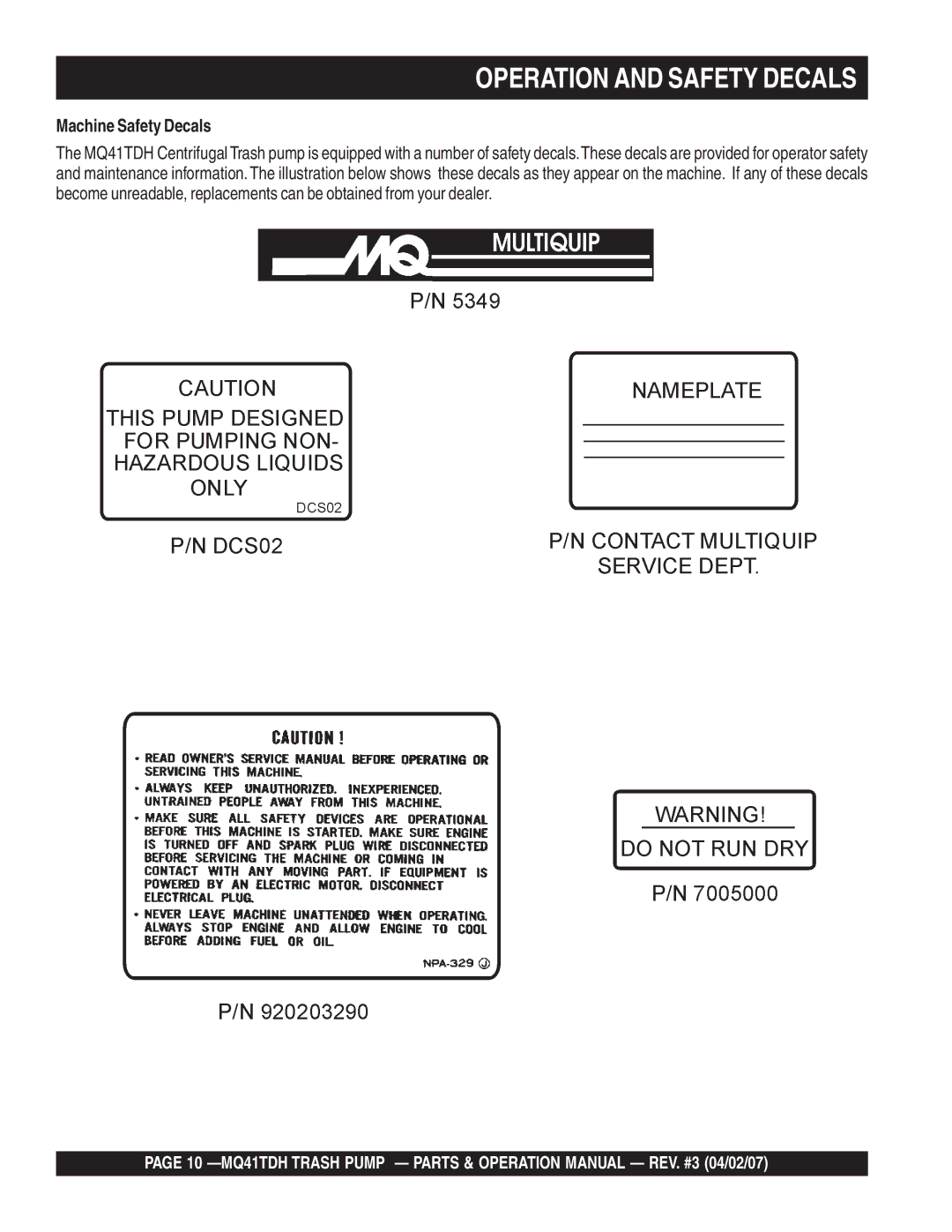 Multiquip MQ41TDH manual Operation and Safety Decals, Machine Safety Decals 