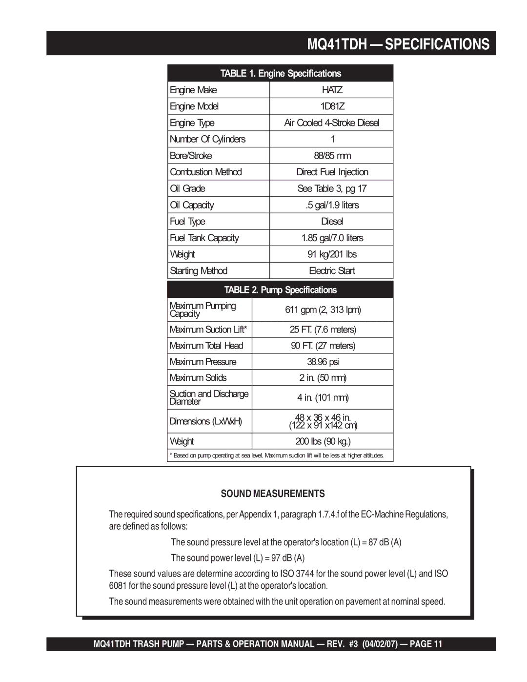 Multiquip manual MQ41TDH Specifications, Hatz 