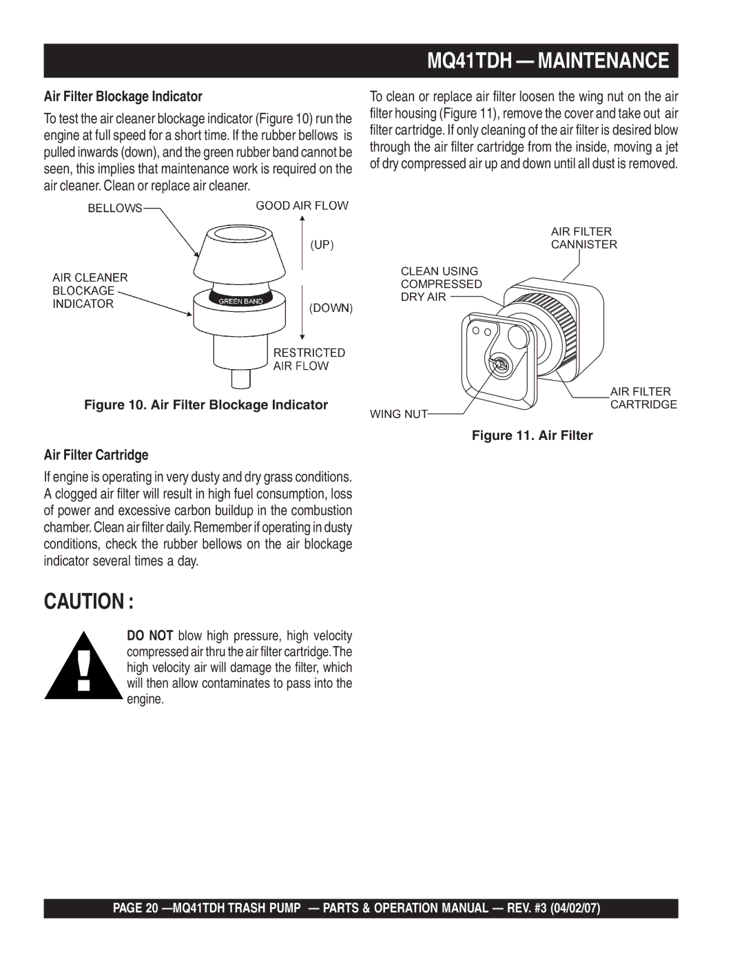 Multiquip manual MQ41TDH Maintenance, Air Filter Blockage Indicator 