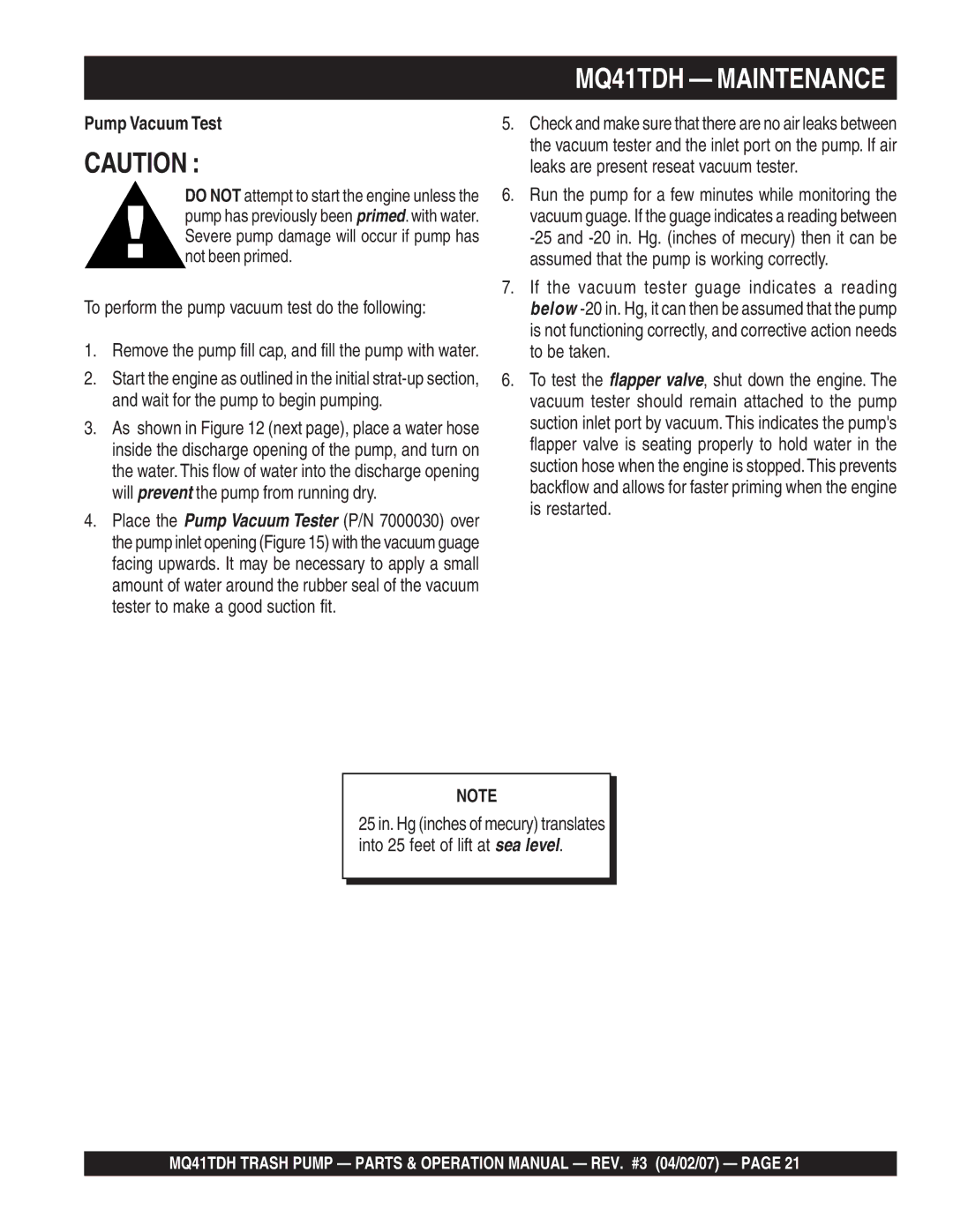 Multiquip MQ41TDH manual Pump Vacuum Test 