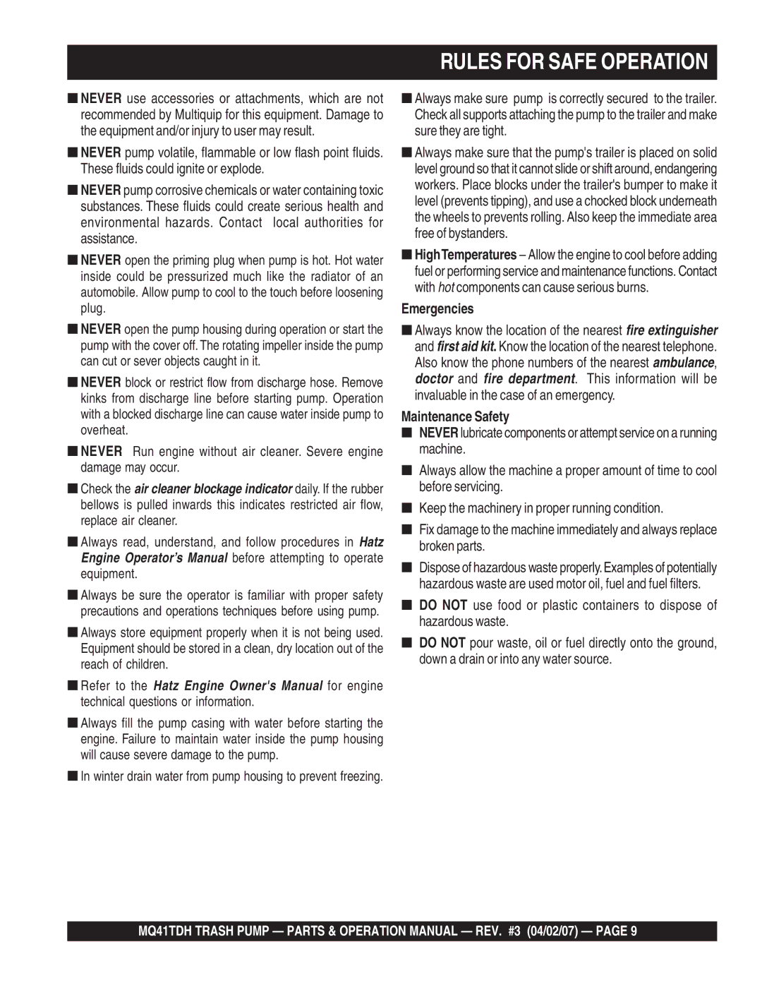 Multiquip MQ41TDH manual Rules for Safe Operation 