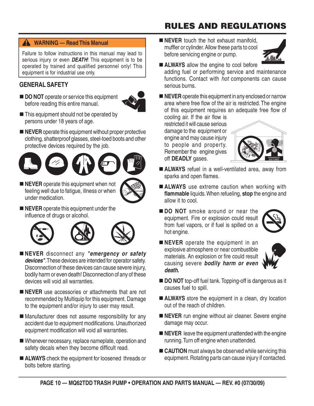 Multiquip MQ62TDD manual Rules and Regulations, General Safety 