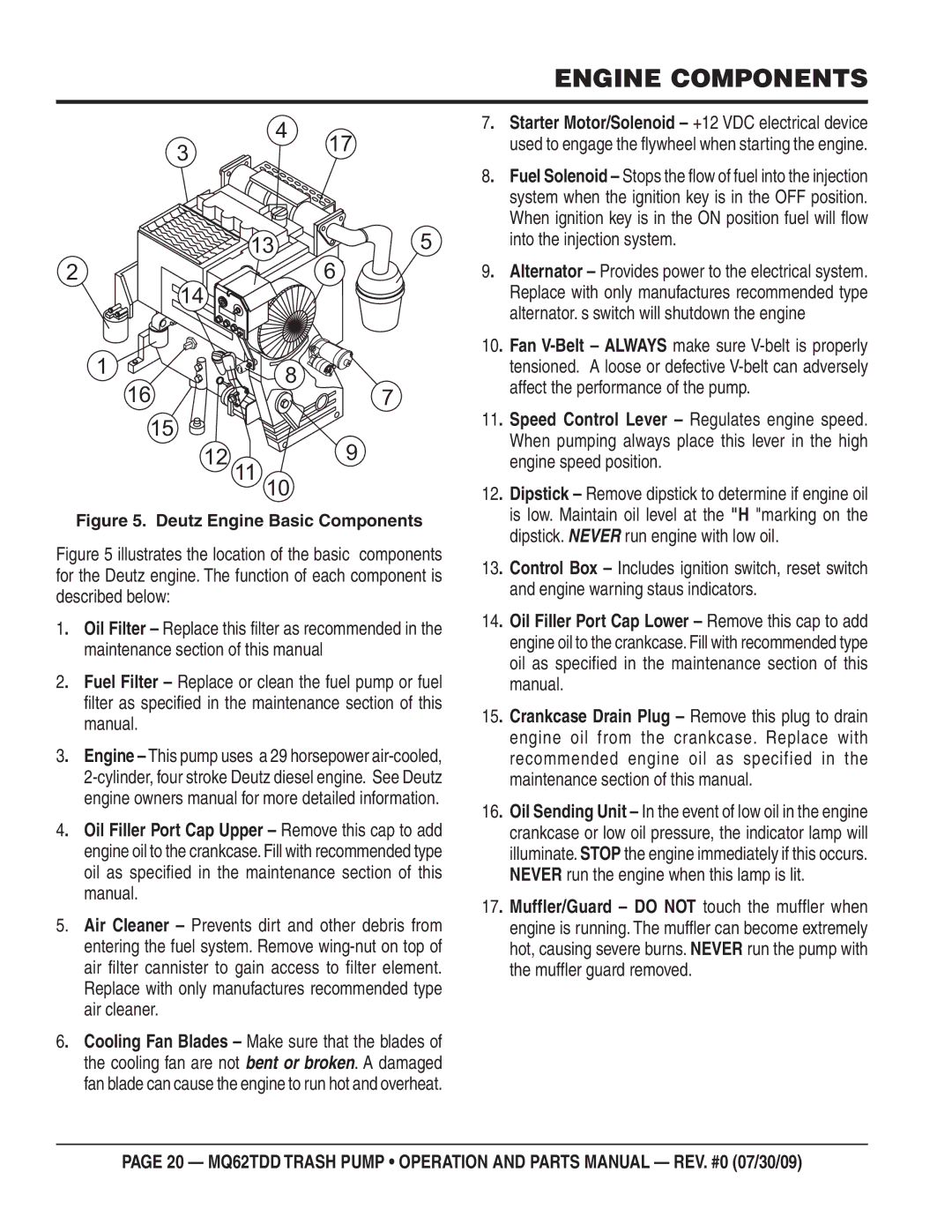 Multiquip MQ62TDD manual Engine Components, Deutz Engine Basic Components 