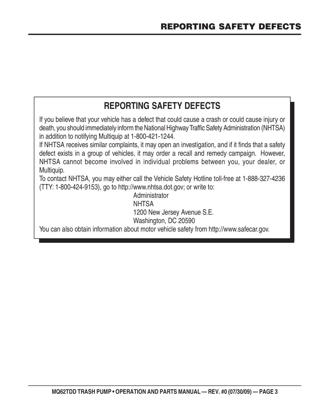 Multiquip MQ62TDD manual Reporting Safety Defects 