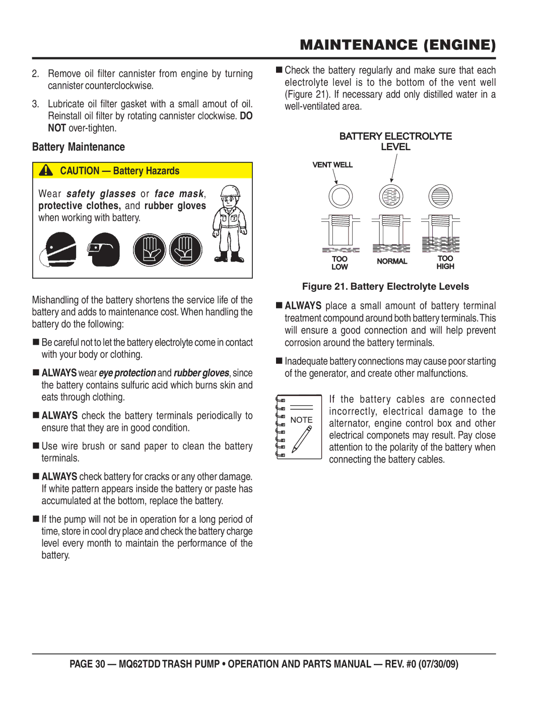 Multiquip MQ62TDD manual Battery Maintenance, Battery Electrolyte Level 