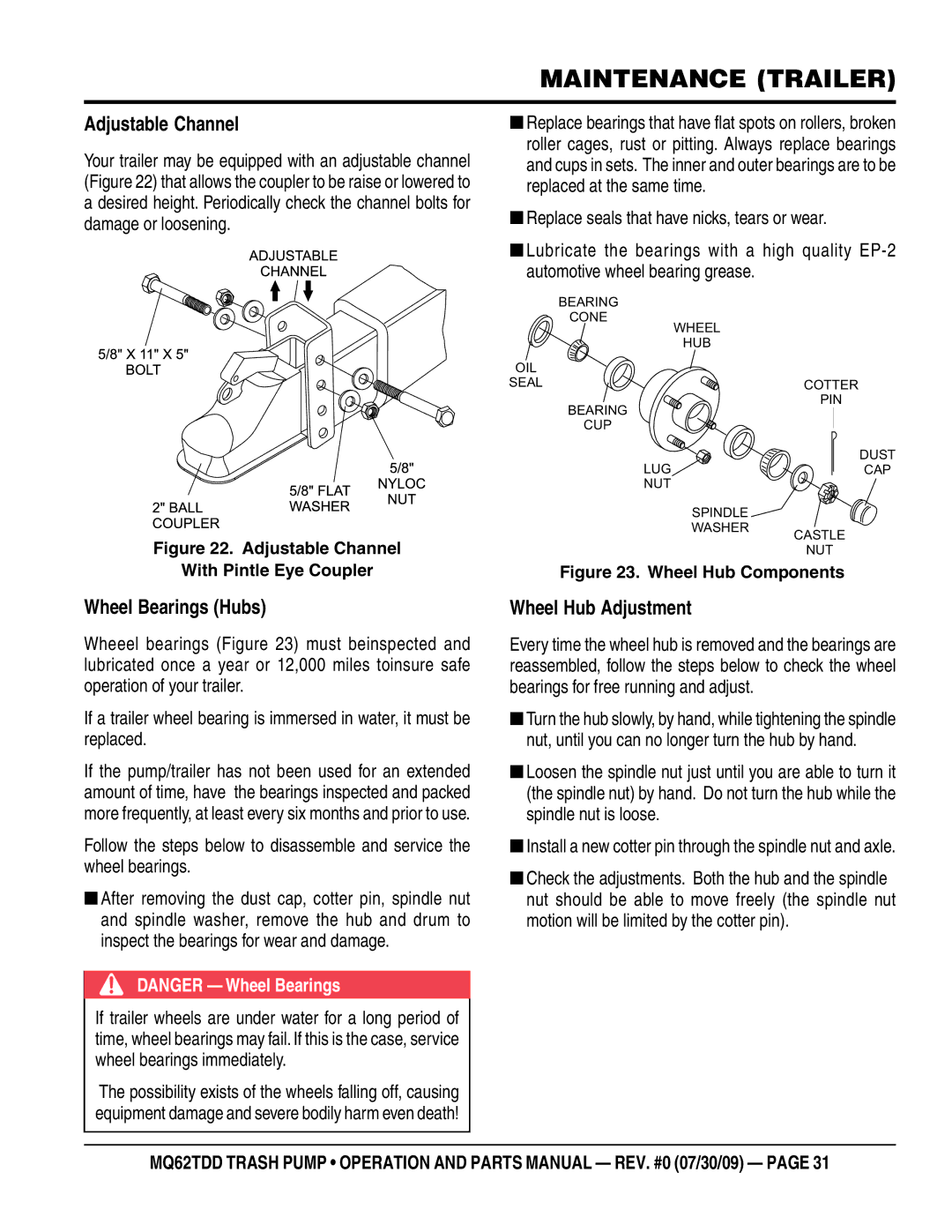 Multiquip MQ62TDD manual Maintenance Trailer, Adjustable Channel, Wheel Bearings Hubs, Wheel Hub Adjustment 