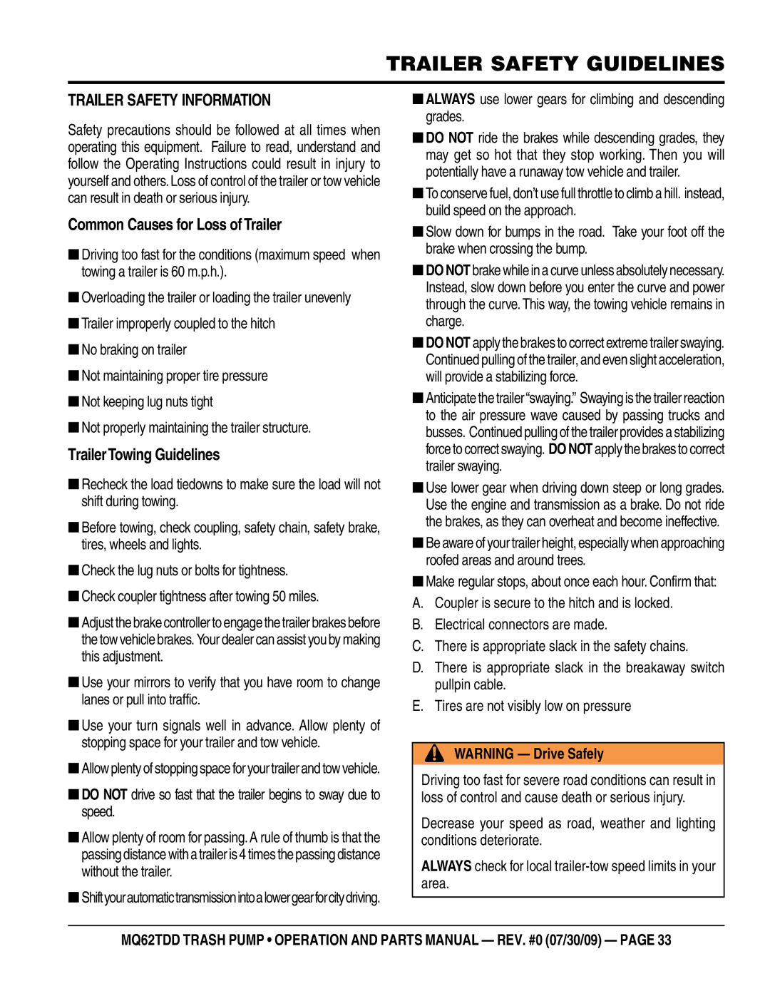 Multiquip MQ62TDD manual Trailer Safety Guidelines, Trailer Safety Information, Common Causes for Loss of Trailer 