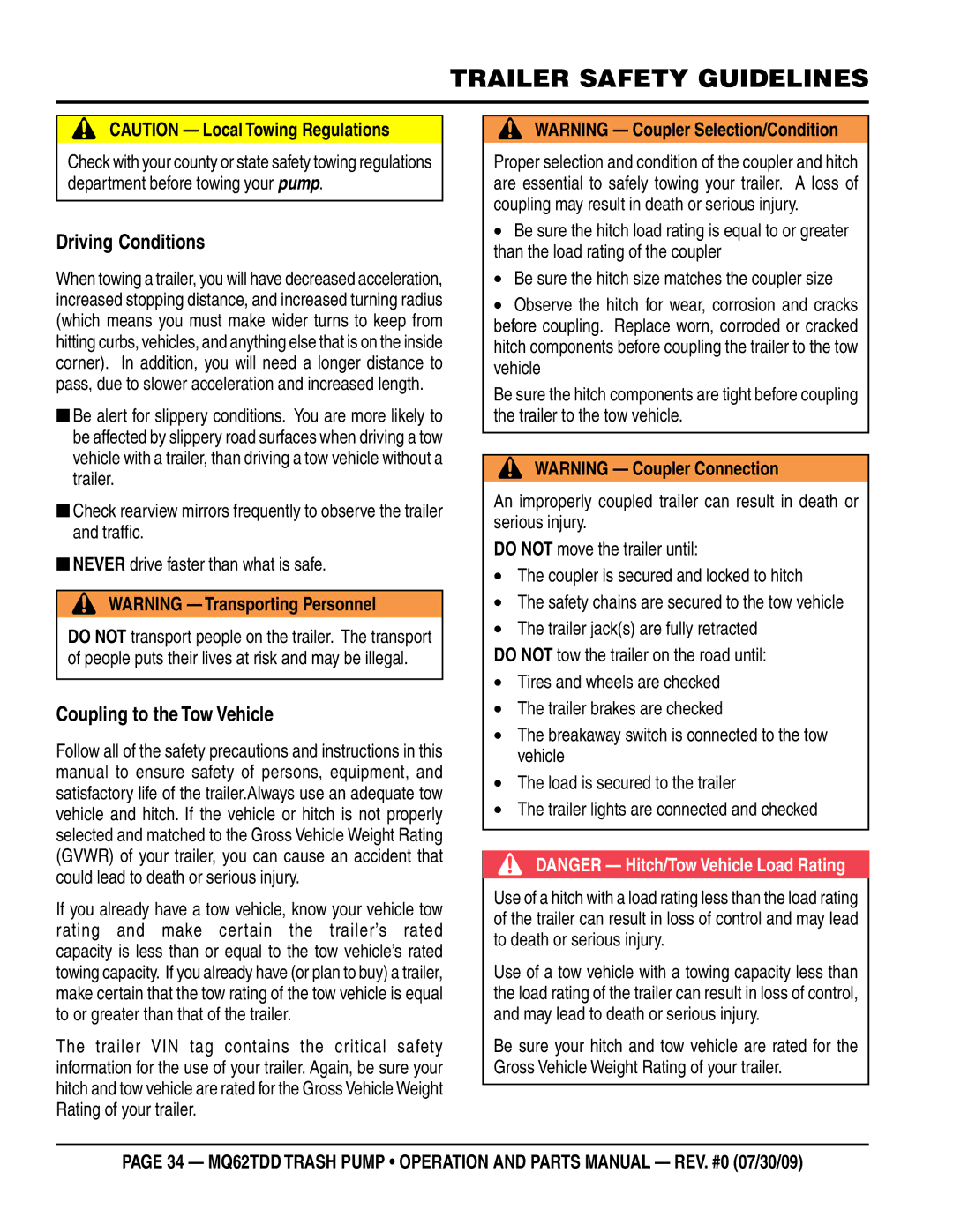 Multiquip MQ62TDD manual Driving Conditions, Coupling to the Tow Vehicle 