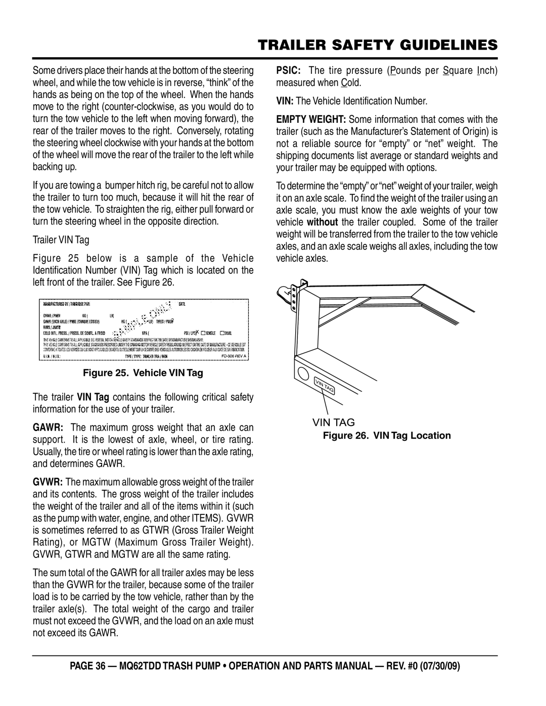 Multiquip MQ62TDD manual Trailer VIN Tag, Vehicle VIN Tag 