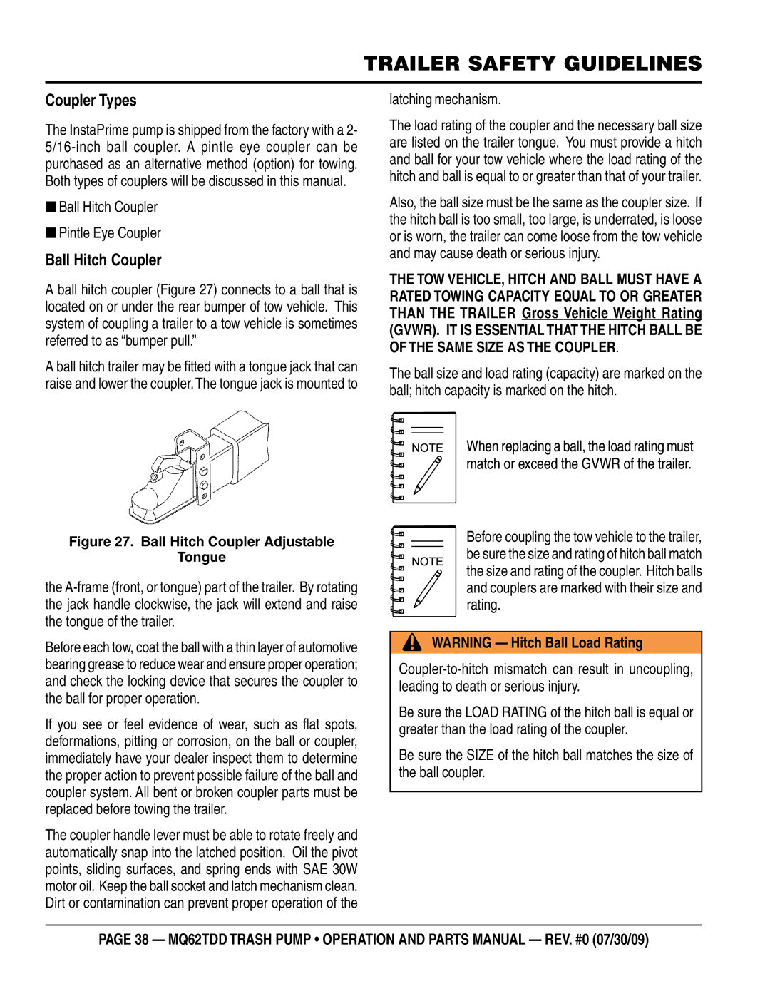 Multiquip MQ62TDD manual Coupler Types, Ball Hitch Coupler Pintle Eye Coupler, Latching mechanism 