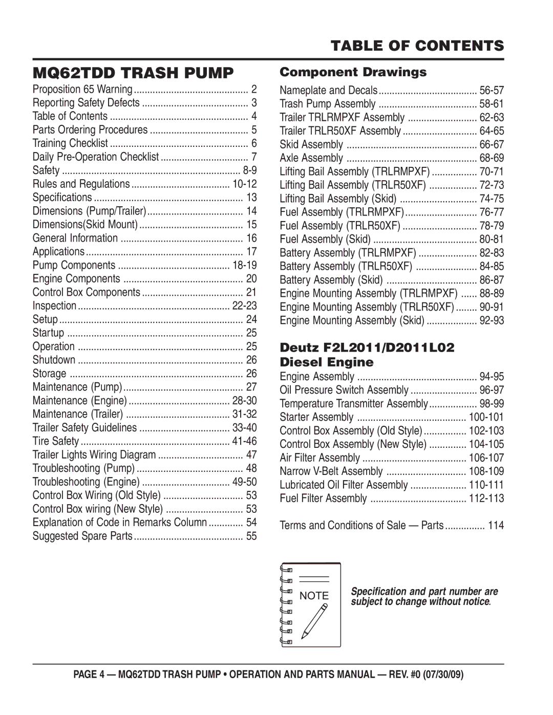 Multiquip manual MQ62TDD Trash Pump, Table of Contents 