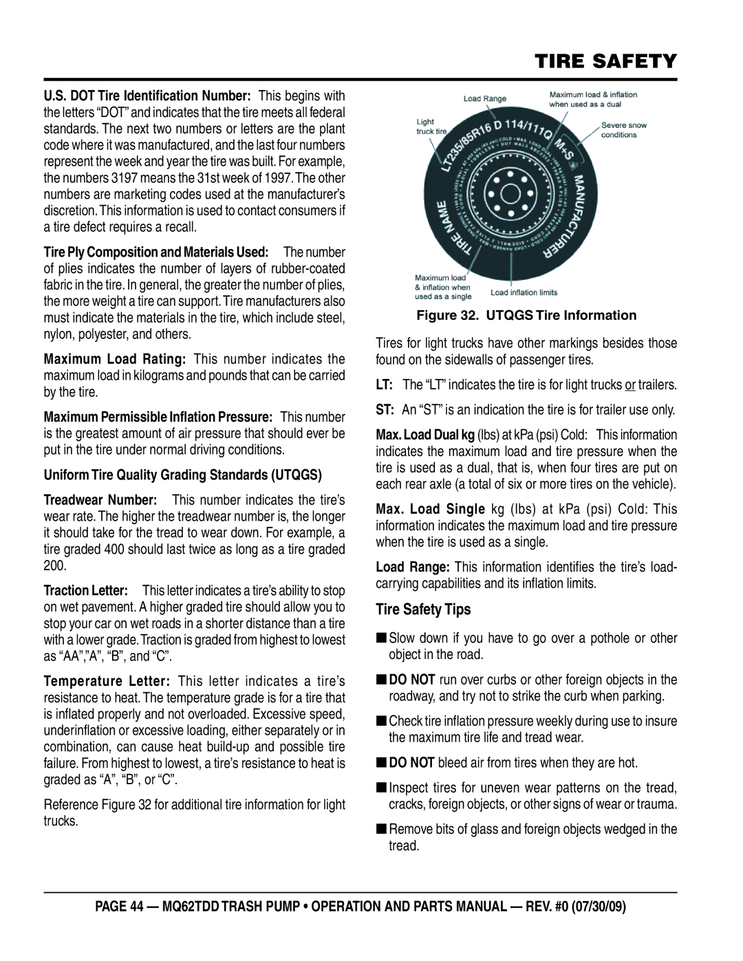 Multiquip MQ62TDD manual Tire Safety Tips, Reference for additional tire information for light trucks 