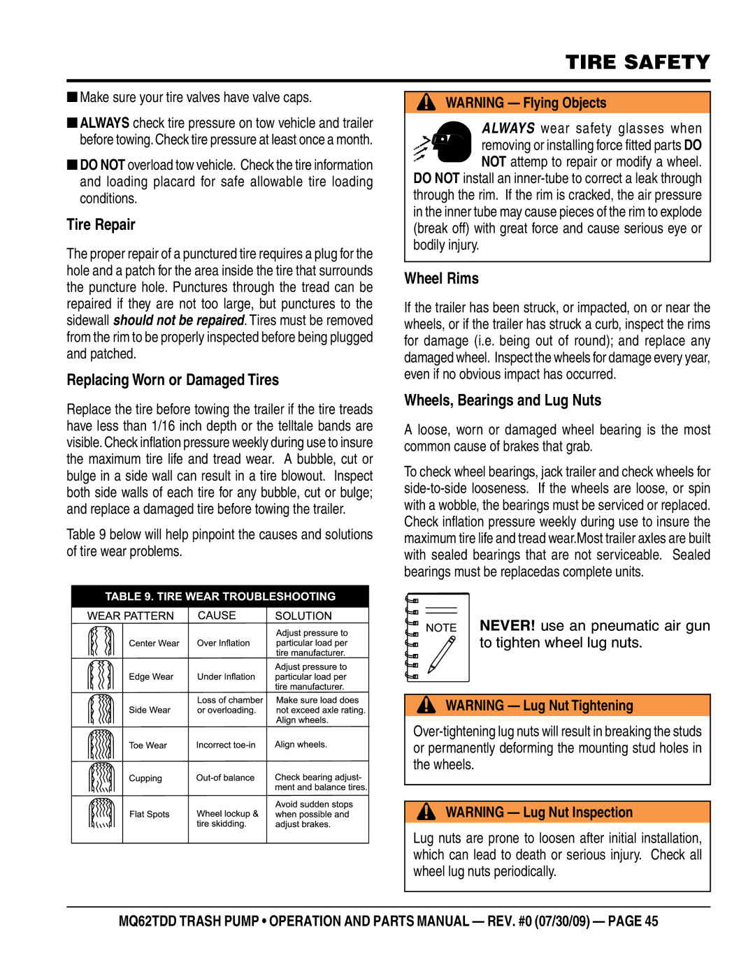 Multiquip MQ62TDD manual Tire Repair, Replacing Worn or Damaged Tires, Wheel Rims, Wheels, Bearings and Lug Nuts 