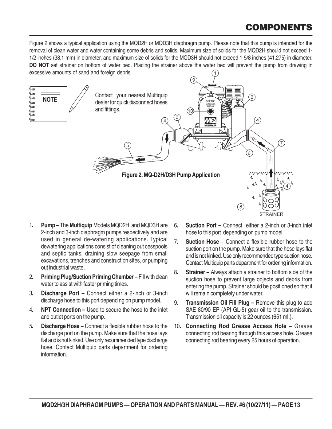 Multiquip MQD2H manual Components, Contact your nearest Multiquip 