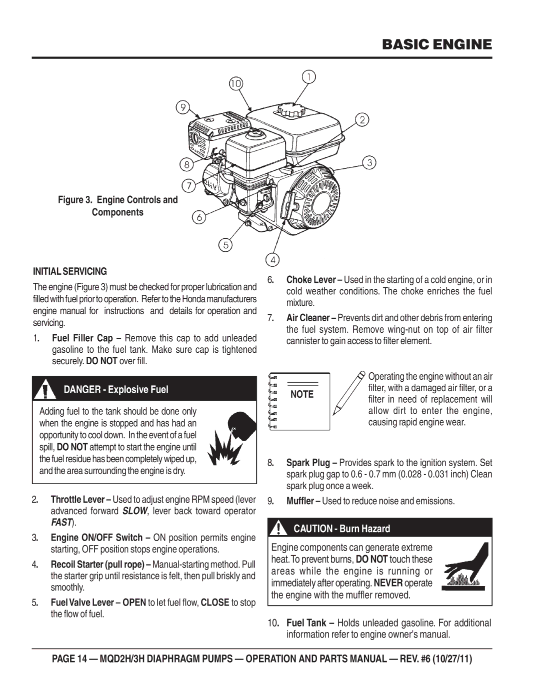 Multiquip MQD2H manual Basic Engine, Initial Servicing 