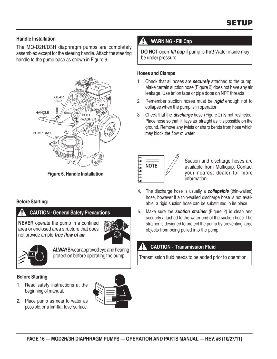 Multiquip MQD2H manual Setup, Handle Installation 