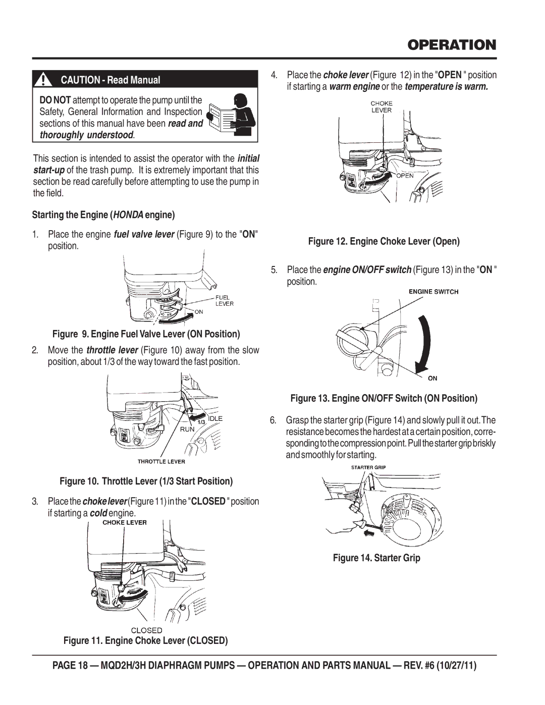 Multiquip MQD2H manual Operation, Starting the Engine Honda engine 