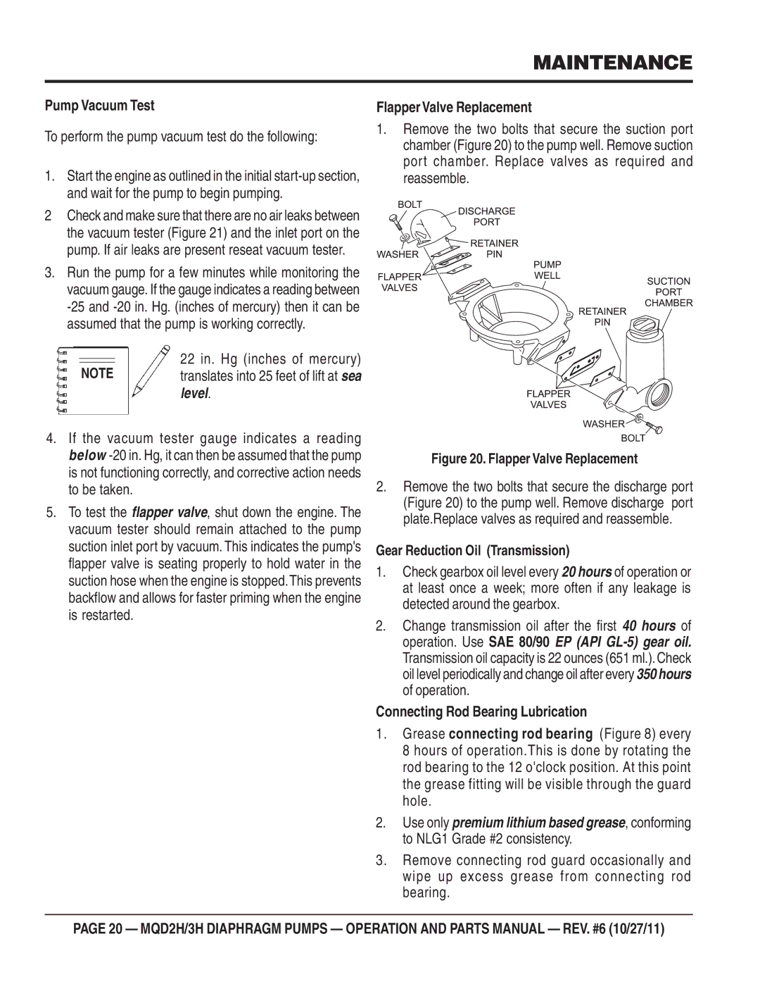 Multiquip MQD2H manual Maintenance, Pump Vacuum Test 