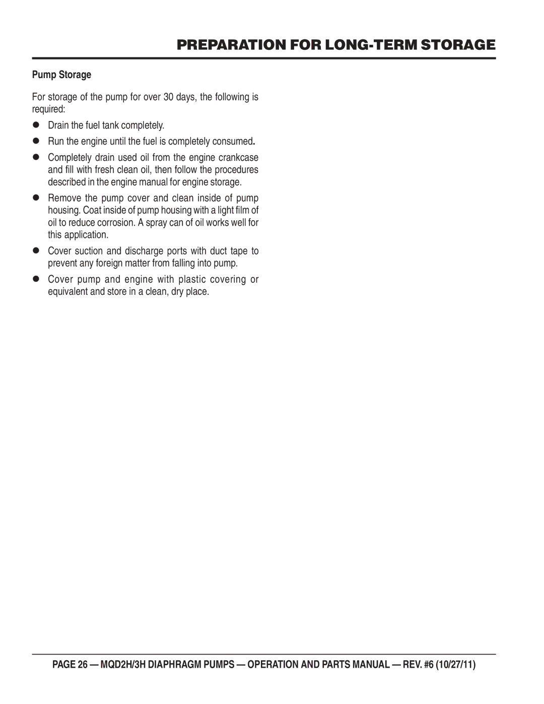 Multiquip MQD2H manual Preparation for LONG-TERM Storage, Pump Storage 