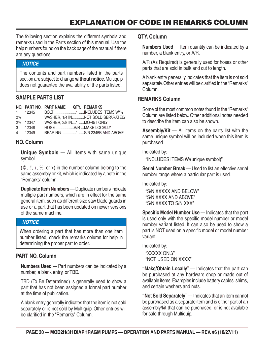 Multiquip MQD2H manual Explanation of Code in Remarks Column, Xxxxx only Not Used on 