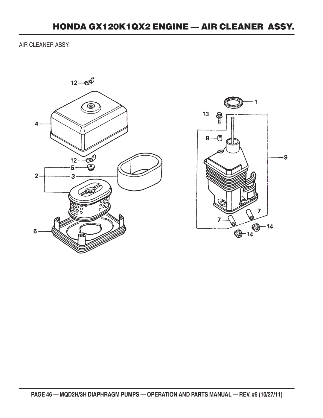 Multiquip MQD2H manual Honda GX120K1QX2 Engine AIR Cleaner Assy 