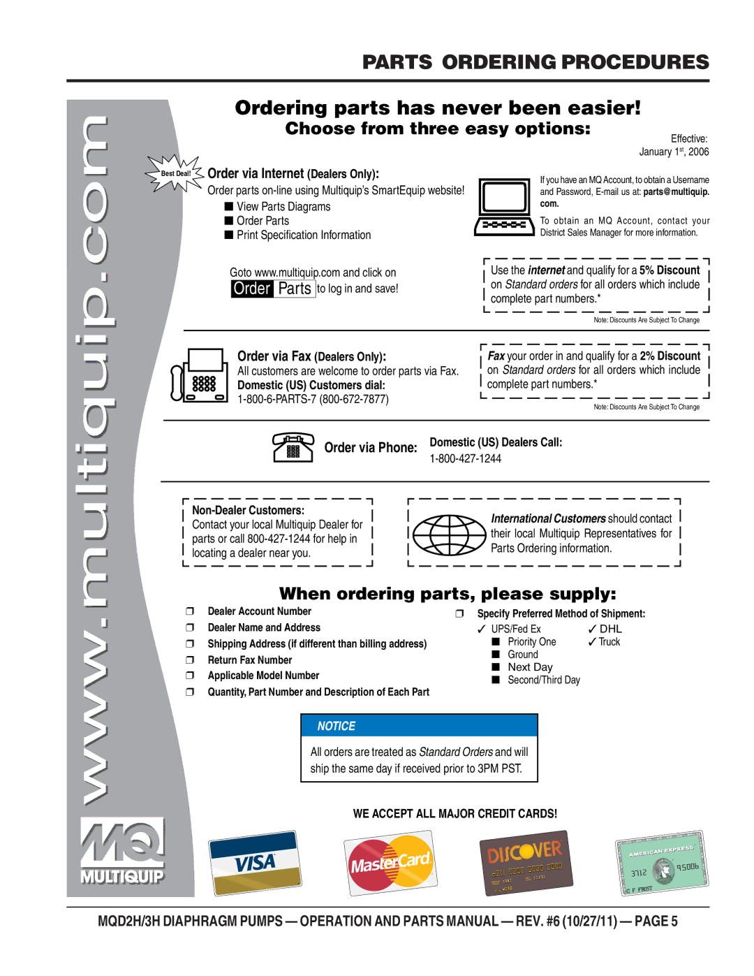 Multiquip MQD2H manual Parts Ordering Procedures, Ordering parts has never been easier 