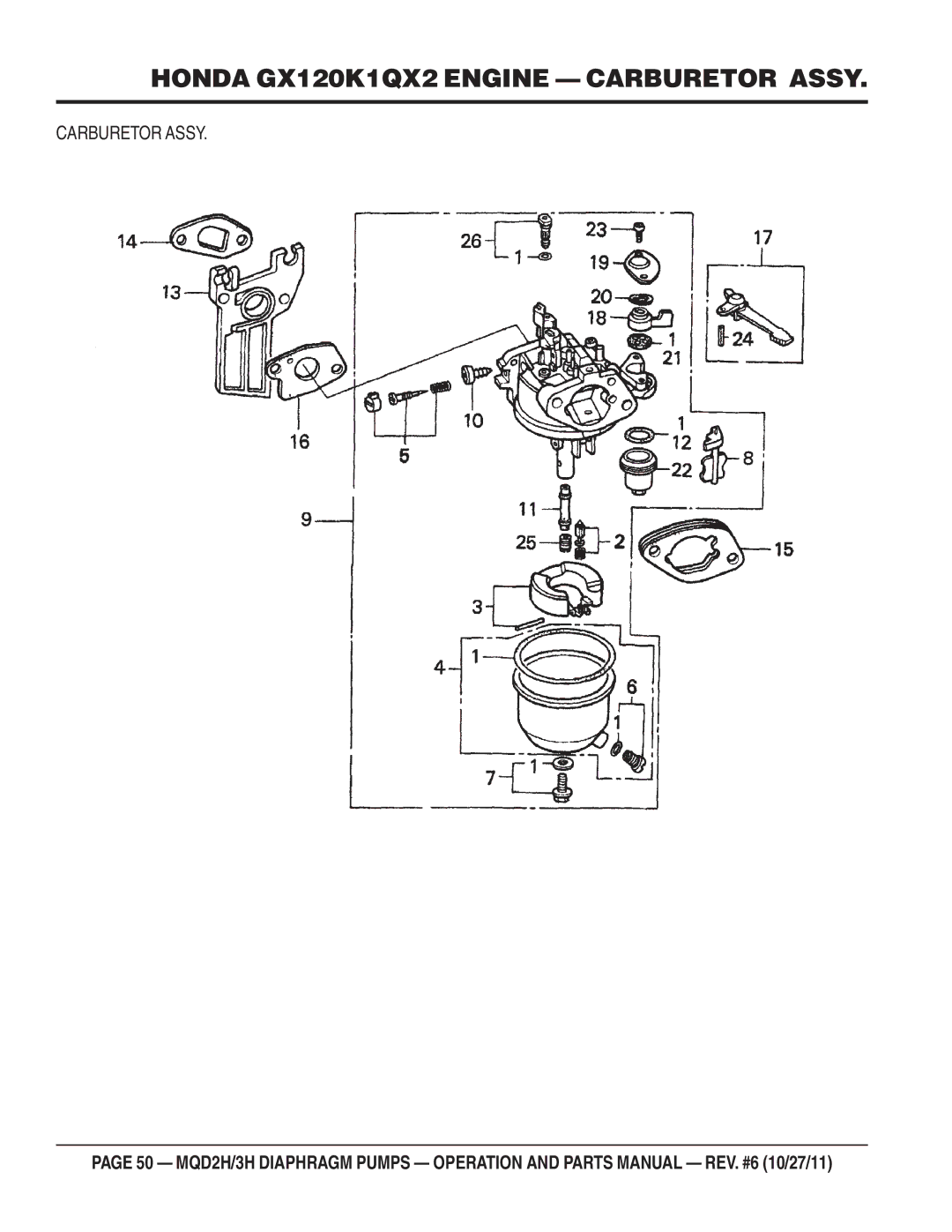 Multiquip MQD2H manual Honda GX120K1QX2 Engine Carburetor Assy 