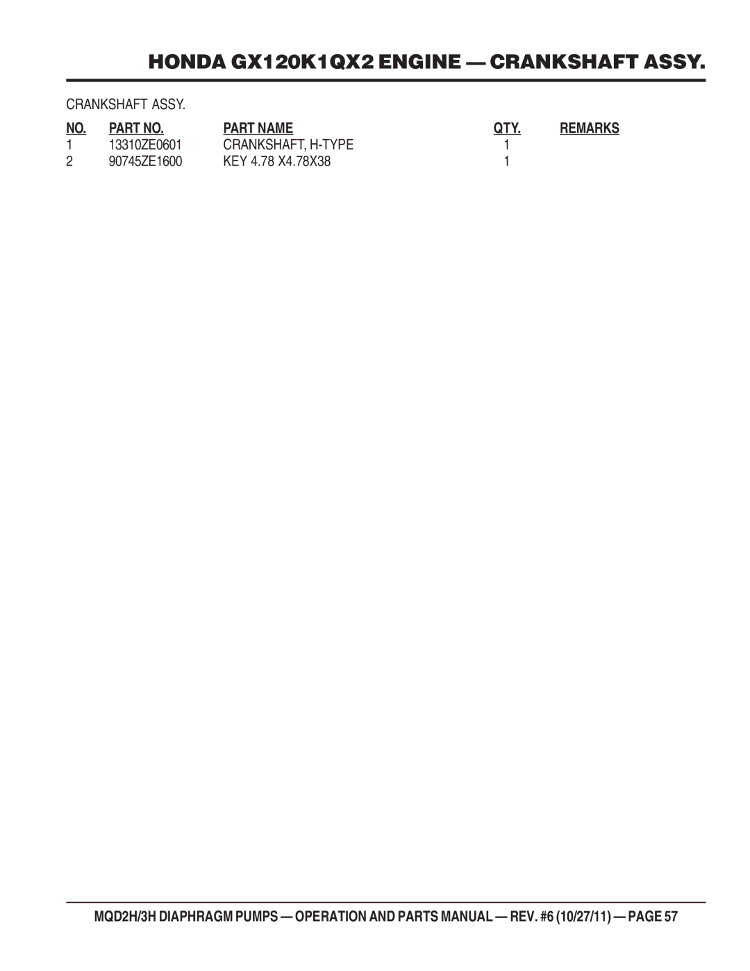 Multiquip MQD2H manual Crankshaft, H-Type 