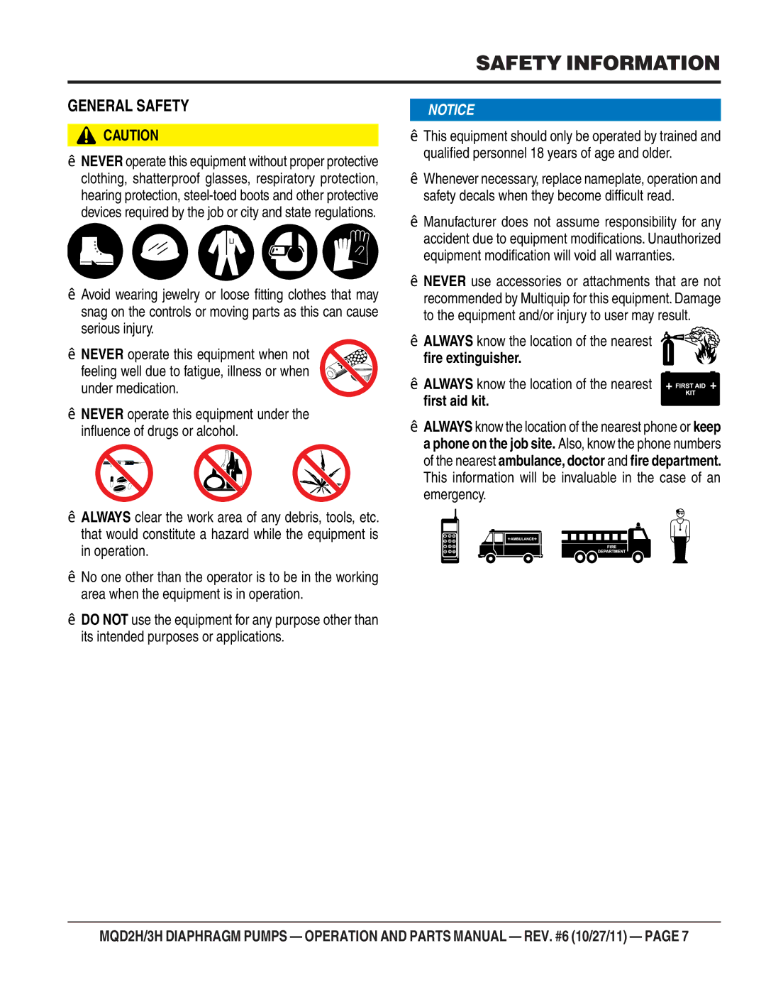 Multiquip MQD2H manual General Safety 