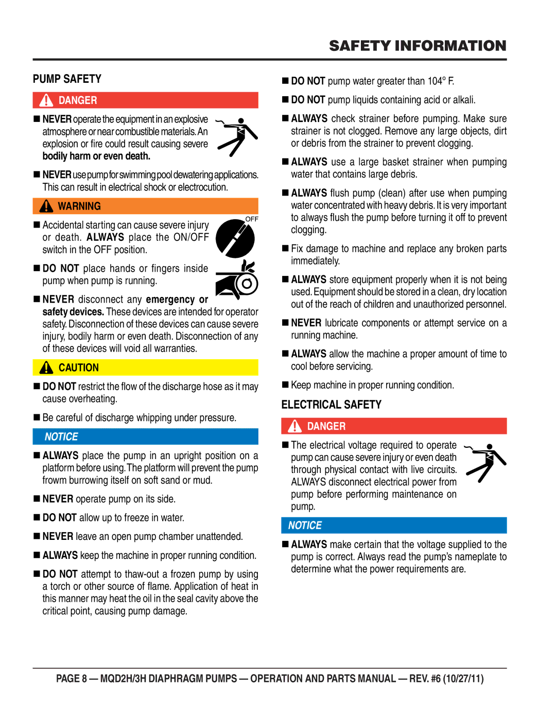 Multiquip MQD2H manual Pump Safety 