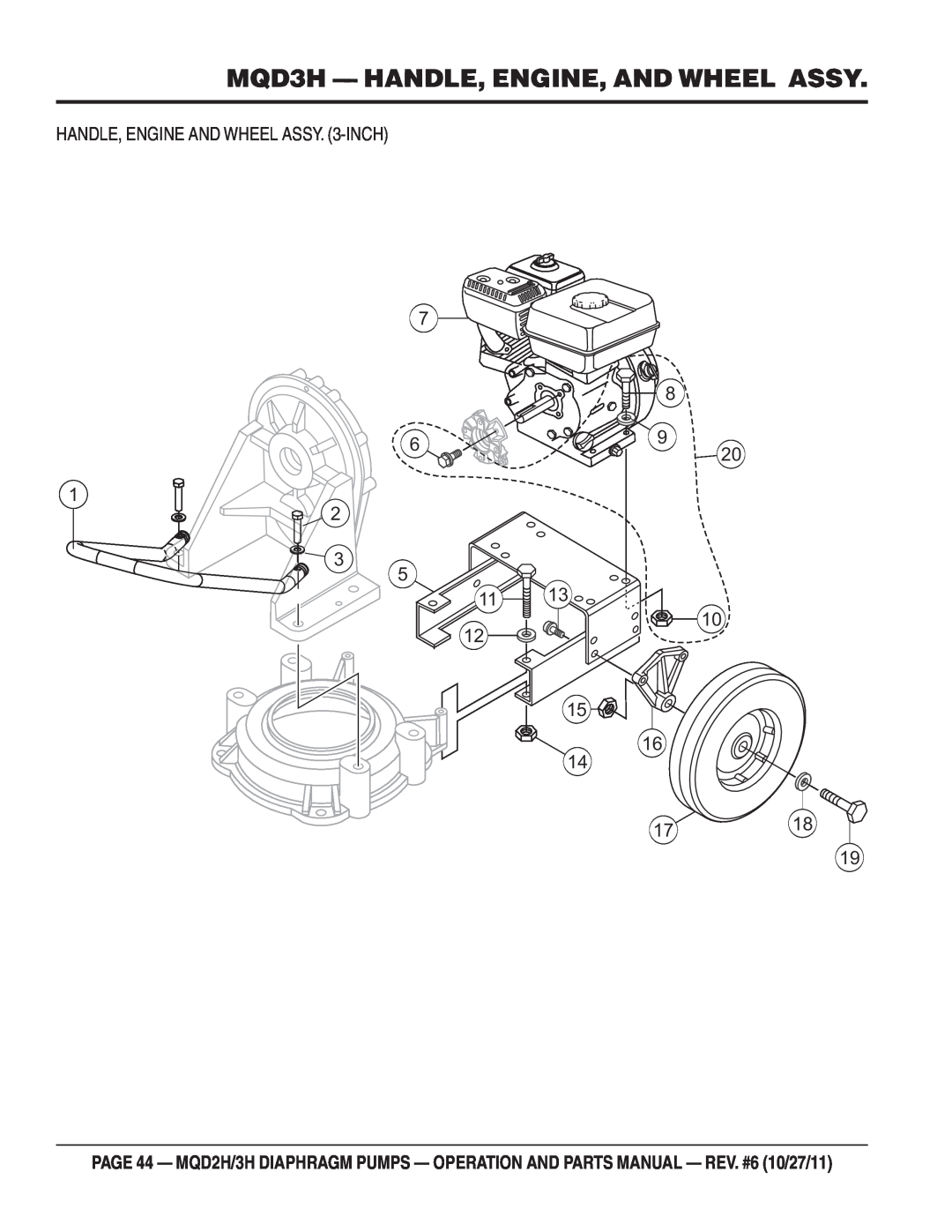 Multiquip MQD2H manual 7 6 1 2, HANDLE, ENGINE AND WHEEL ASSY. 3-INCH, MQD3H - HANDLE, ENGINE, AND WHEEL ASSY 
