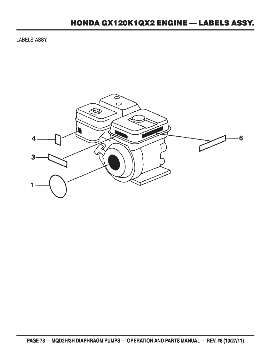 Multiquip MQD2H manual HONDA GX120K1QX2 ENGINE - LABELS ASSY, Labels Assy 