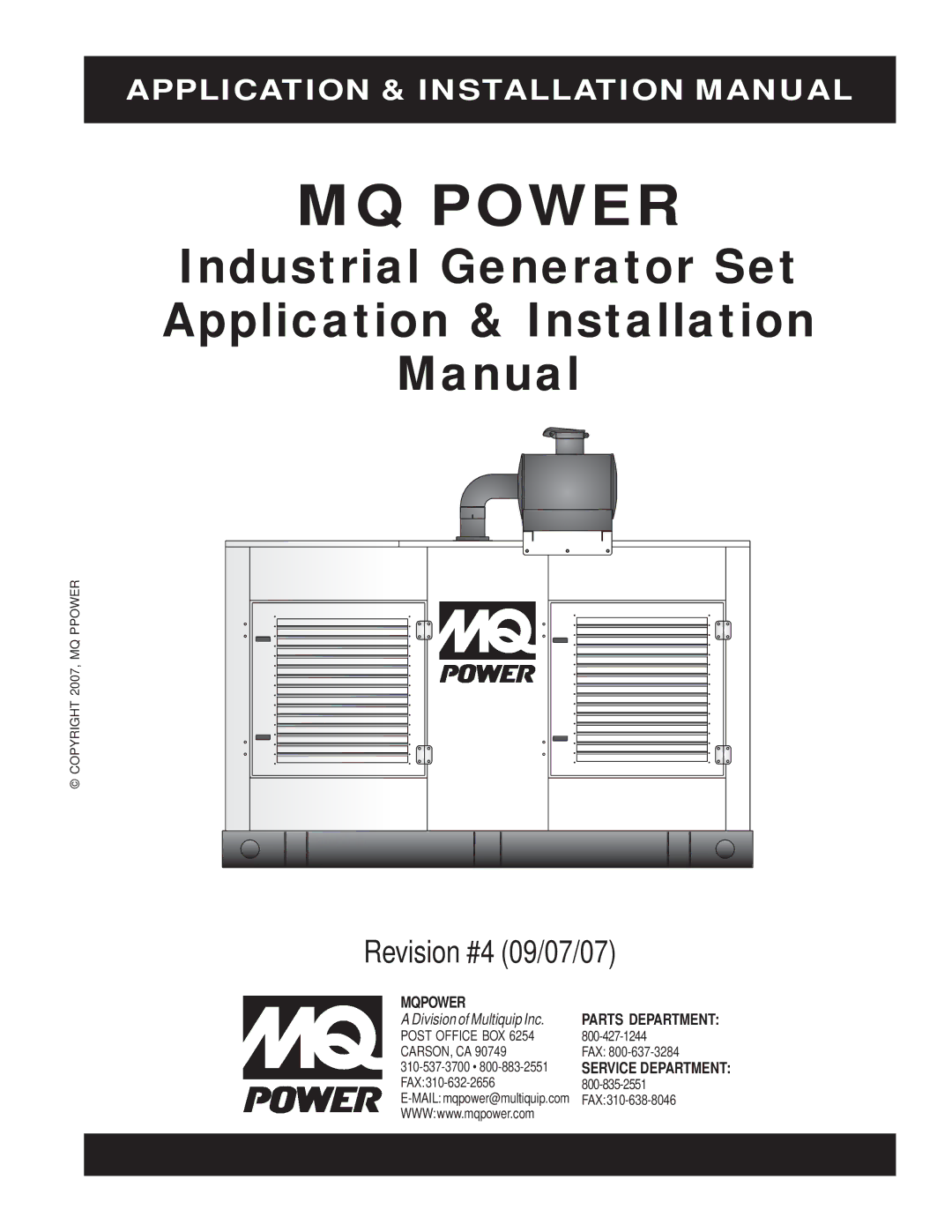 Multiquip MQP40IZ, MQP20IZ, MQP45GM, MQP60IV, MQP50IZ, MQP30GM installation manual MQ Power, Application & Installation Manual 