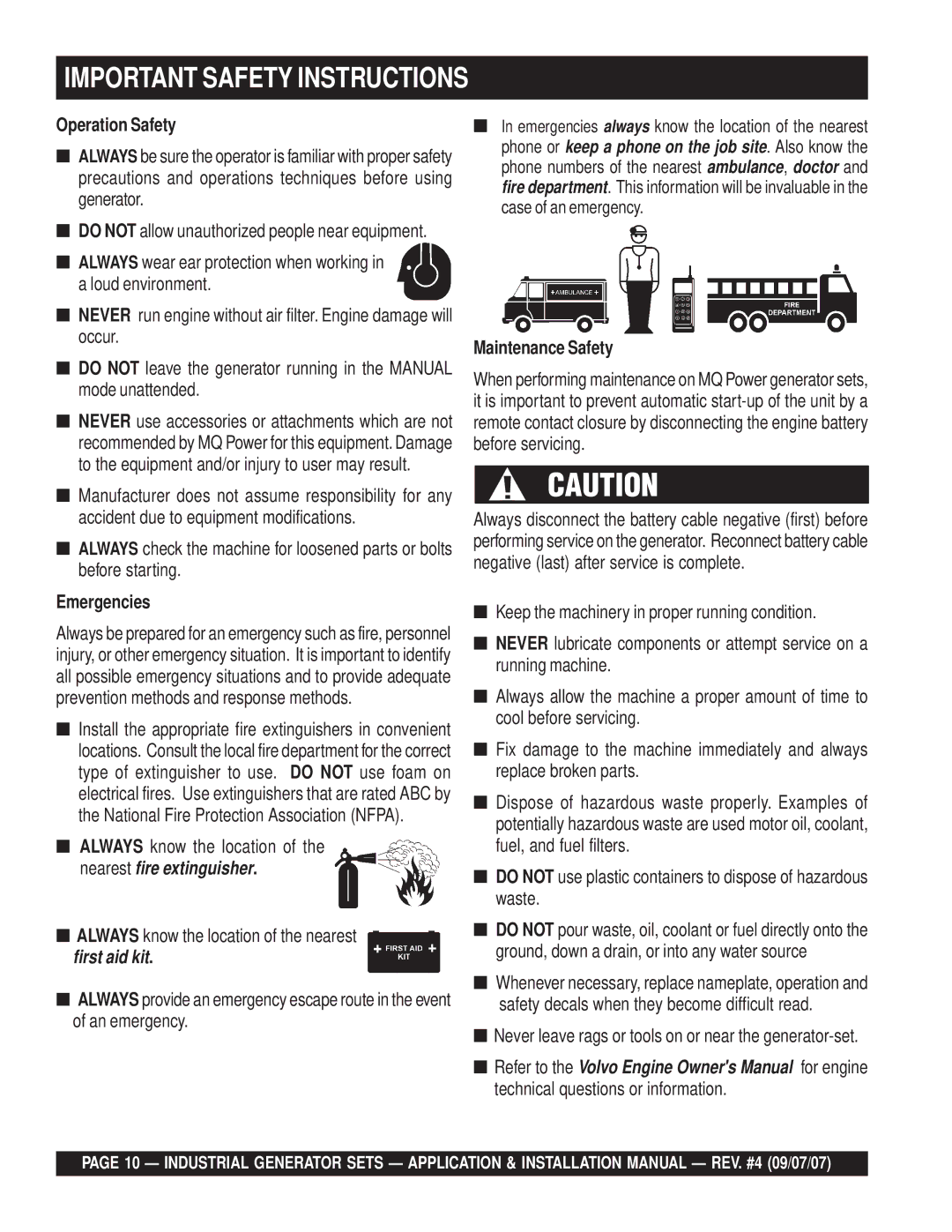 Multiquip MQP45GM, MQP20IZ Operation Safety, Emergencies, Always know the location of the nearest fire extinguisher 