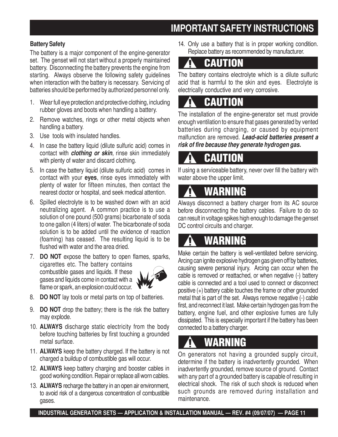 Multiquip MQP60IV, MQP20IZ, MQP40IZ, MQP45GM, MQP50IZ, MQP30GM, MQP30DZ, MQP60GM installation manual Battery Safety 