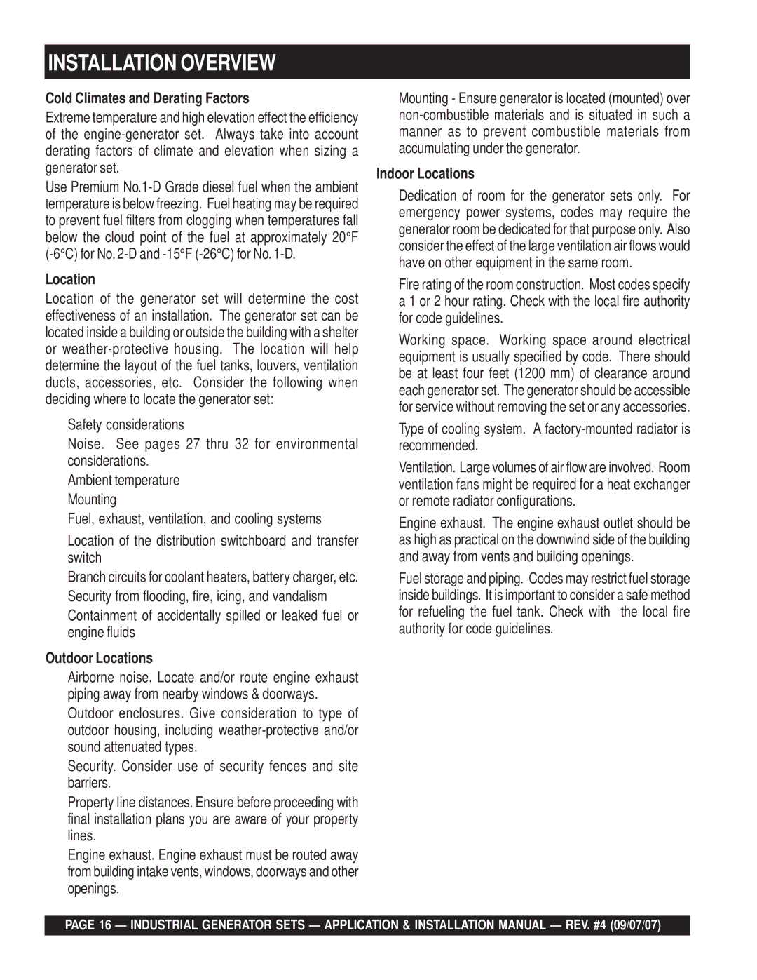 Multiquip MQP20IZ Installation Overview, Cold Climates and Derating Factors, Outdoor Locations, Indoor Locations 