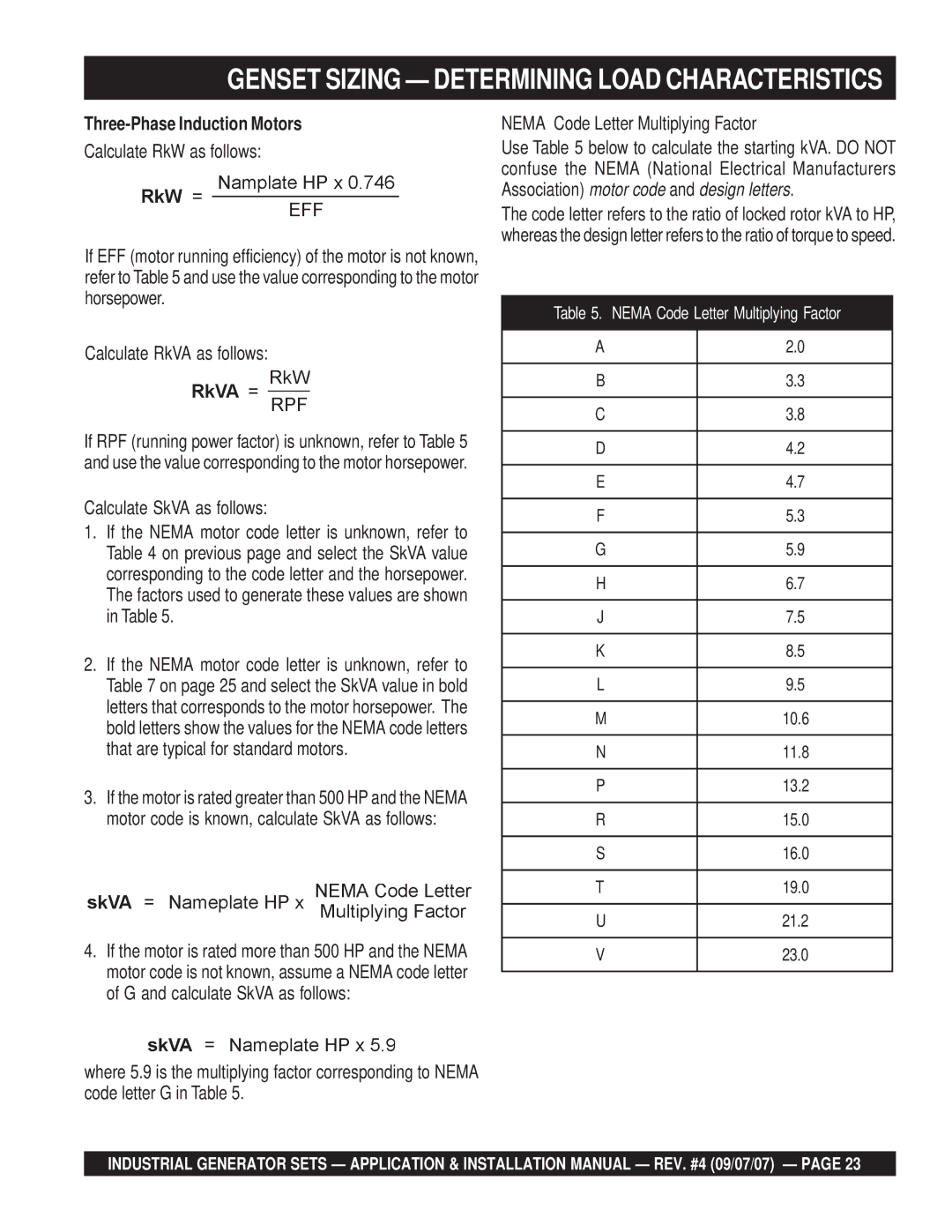 Multiquip MQP60GM Genset Sizing Determining Load Characteristics, Three-Phase Induction Motors, Calculate SkVA as follows 