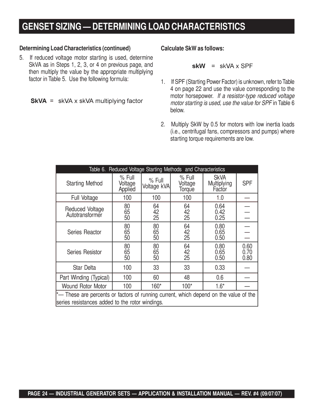 Multiquip MQP20IZ, MQP40IZ, MQP45GM, MQP60IV Determining Load Characteristics, Calculate SkW as follows, Full SkVA, 100 