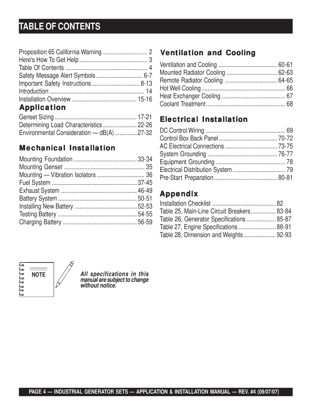 Multiquip MQP50IZ, MQP20IZ, MQP40IZ, MQP45GM, MQP60IV, MQP30GM, MQP30DZ, MQP60GM installation manual Table of Contents 