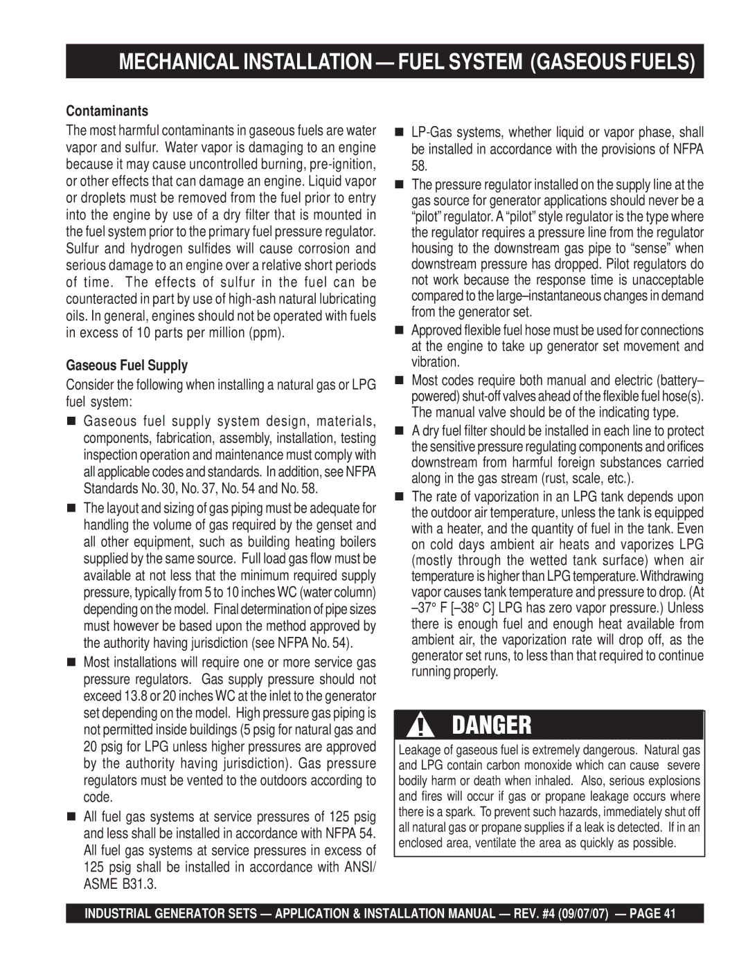 Multiquip MQP40IZ, MQP20IZ, MQP45GM Mechanical Installation Fuel System Gaseous Fuels, Contaminants, Gaseous Fuel Supply 