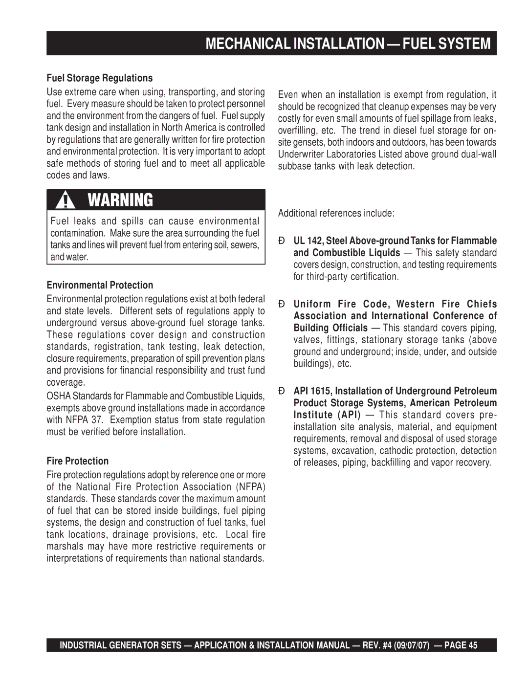 Multiquip MQP30GM, MQP20IZ, MQP40IZ Fuel Storage Regulations, Environmental Protection, Additional references include 