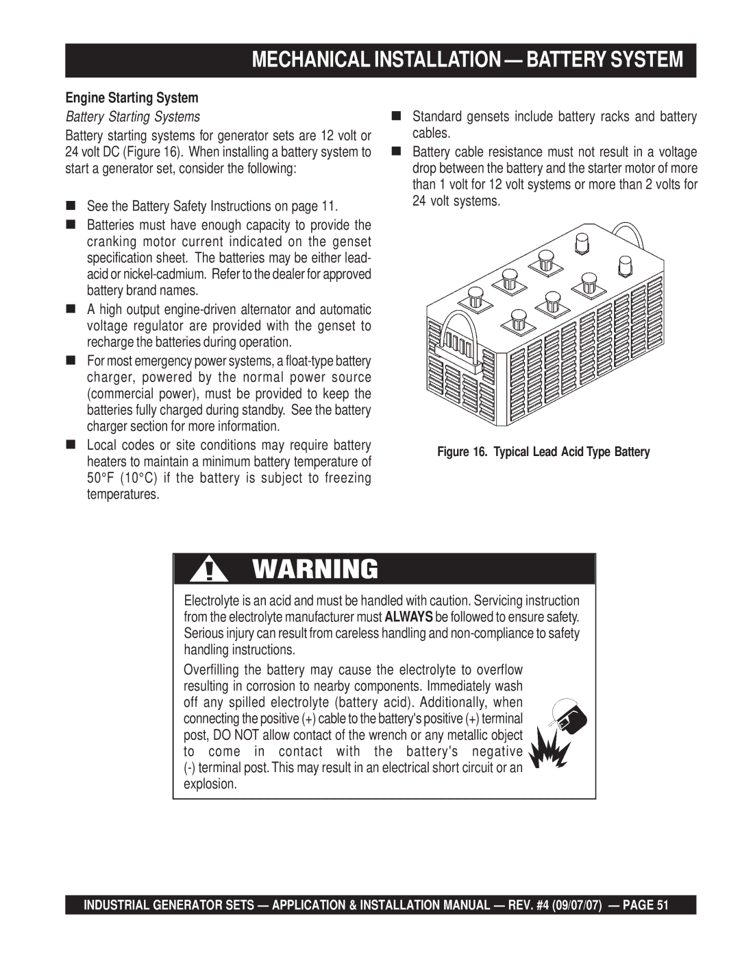 Multiquip MQP60IV Mechanical Installation Battery System, Engine Starting System, „ See the Battery Safety Instructions on 