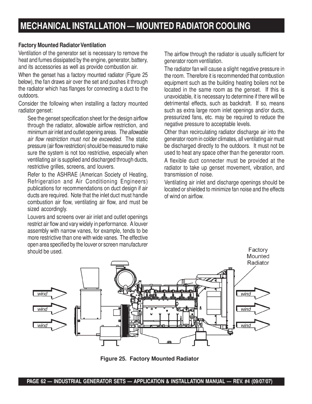 Multiquip MQP30DZ, MQP20IZ, MQP40IZ Mechanical Installation Mounted Radiator Cooling, Factory Mounted RadiatorVentilation 