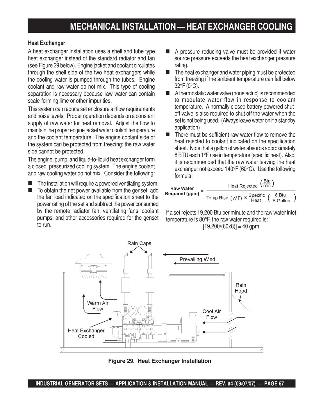 Multiquip MQP60IV, MQP20IZ, MQP40IZ, MQP45GM, MQP50IZ Mechanical Installation Heat Exchanger Cooling, 19,200/60x8 = 40 gpm 