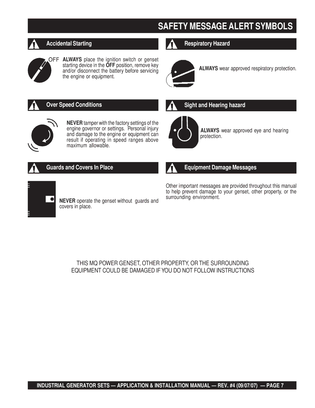 Multiquip MQP60GM, MQP20IZ, MQP40IZ, MQP45GM, MQP60IV, MQP50IZ, MQP30GM Safety Message Alert Symbols, Accidental Starting 