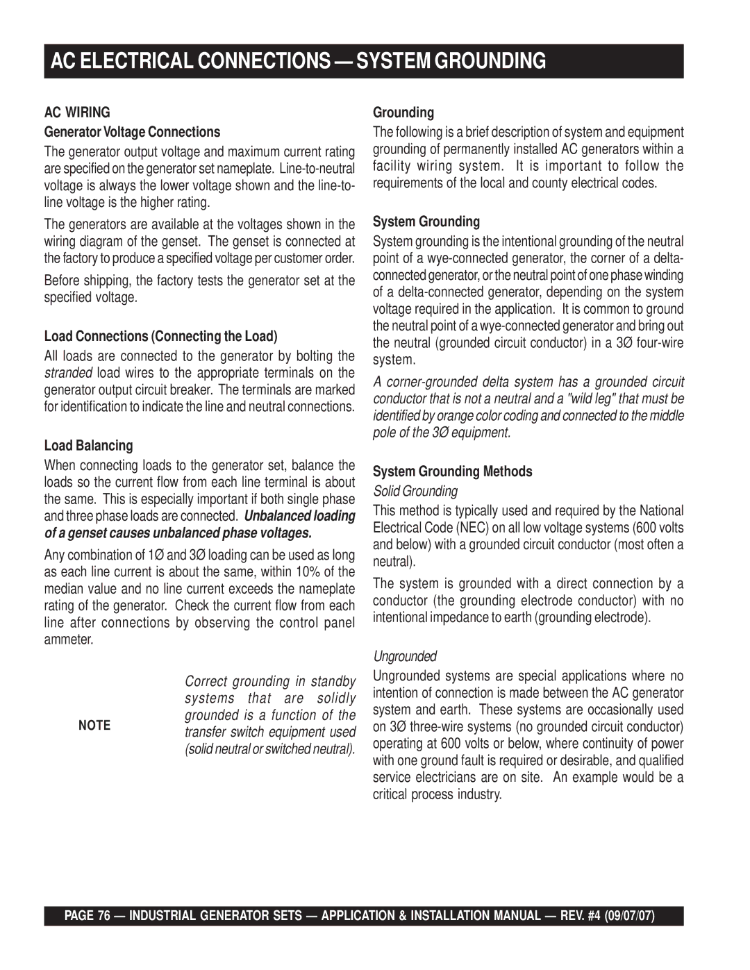 Multiquip MQP50IZ, MQP20IZ, MQP40IZ, MQP45GM, MQP60IV, MQP30GM, MQP30DZ, MQP60GM AC Electrical Connections System Grounding 