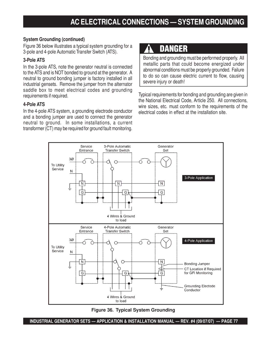 Multiquip MQP30GM, MQP20IZ, MQP40IZ, MQP45GM, MQP60IV, MQP50IZ, MQP30DZ AC Electrical Connections System Grounding, Pole ATS 