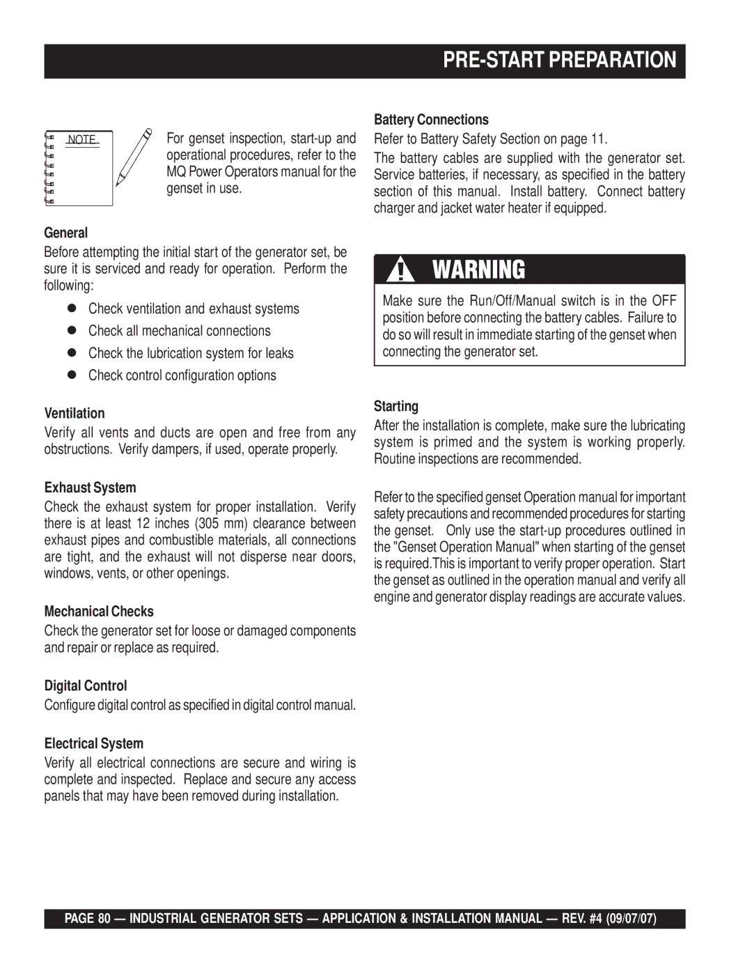 Multiquip MQP20IZ, MQP40IZ, MQP45GM, MQP60IV, MQP50IZ, MQP30GM, MQP30DZ, MQP60GM installation manual PRE-START Preparation 