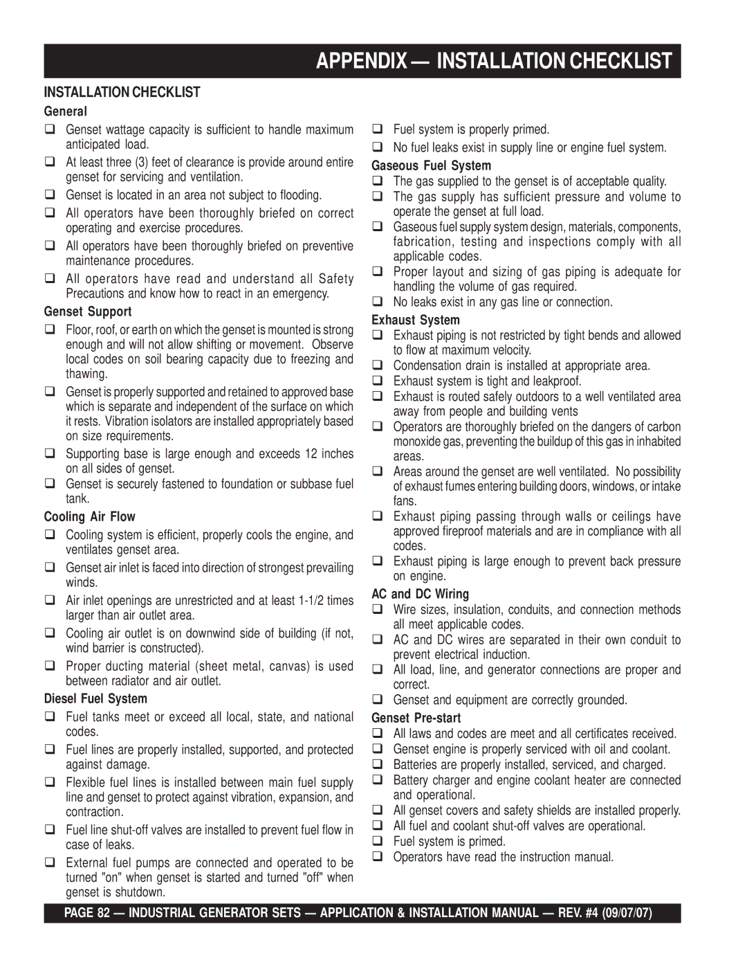 Multiquip MQP45GM, MQP20IZ, MQP40IZ, MQP60IV, MQP50IZ, MQP30GM, MQP30DZ, MQP60GM Appendix Installation Checklist 